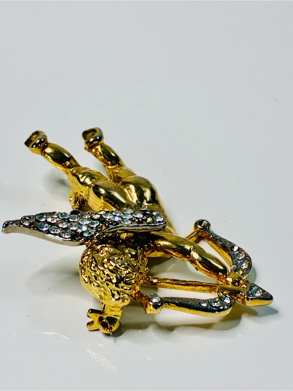 Distressed Gold-Tone Cupid Brooch with Clear Rhinestones Classic Valentine READ